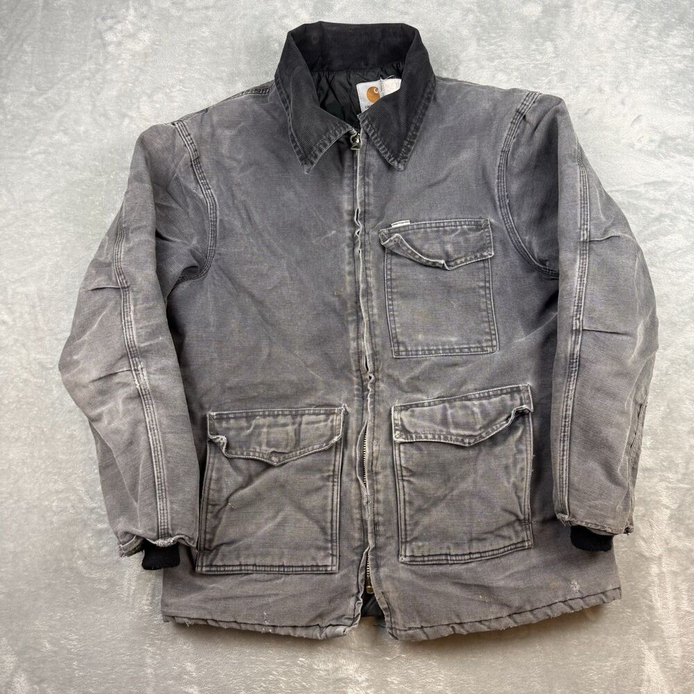 Vintage Carhartt Detroit Style Work Jacket Mens Gray Quilted Lined Distressed